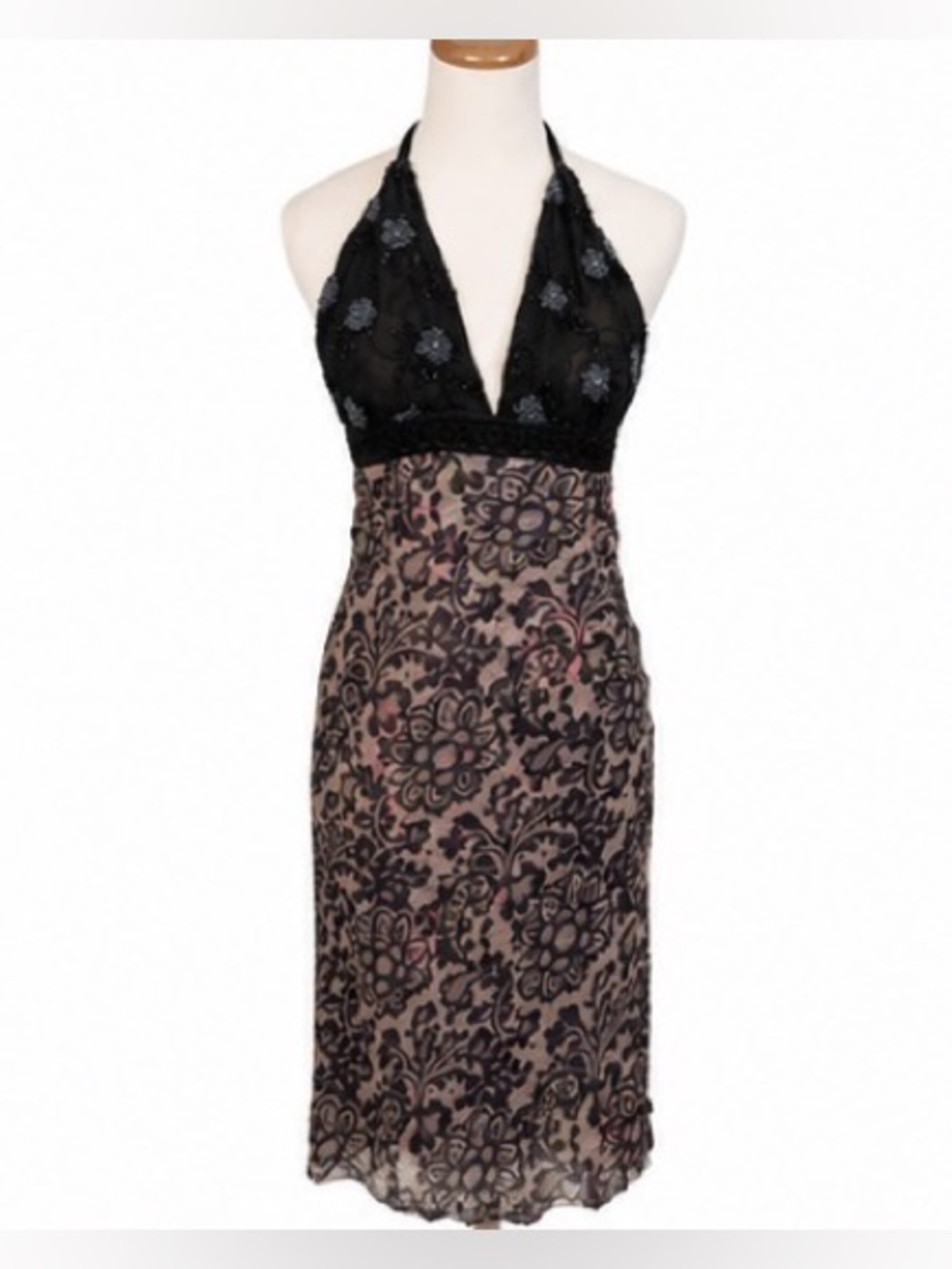 [Kablan] Silk Halter Dress Black Embroidered Cocktail Party Evening Size 2